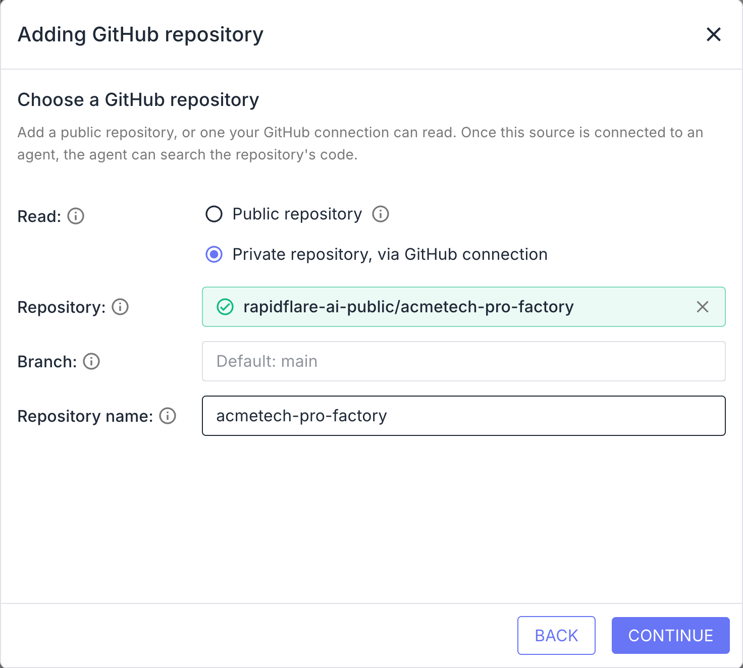 A private repository chosen through the GitHub connection