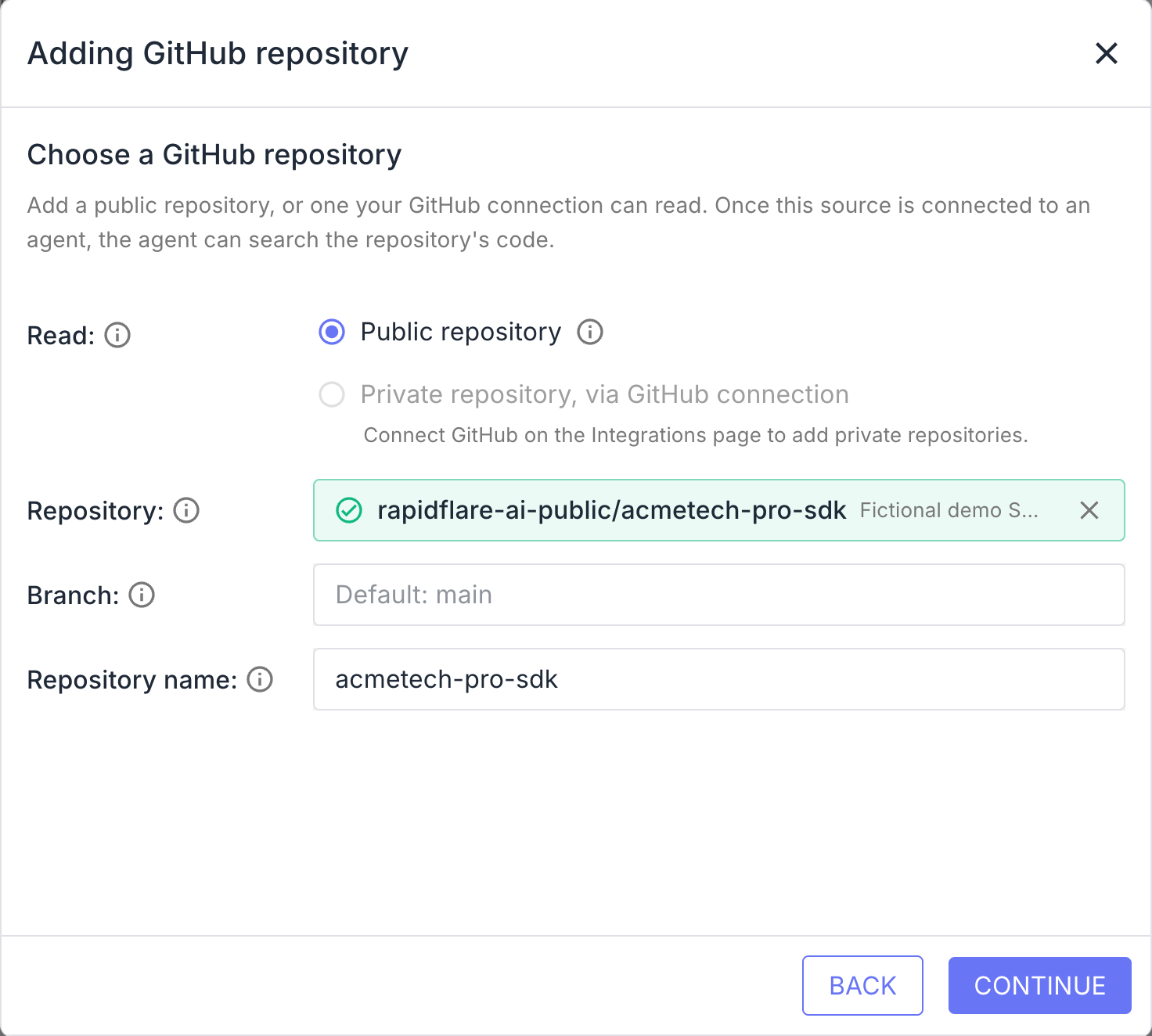 A public repository chosen in the GitHub repository form